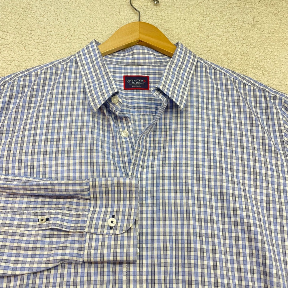 UNTUCKit Button Down Mens XXL Blue Durif WF Tall Slim Wrinkle Free Check 01096